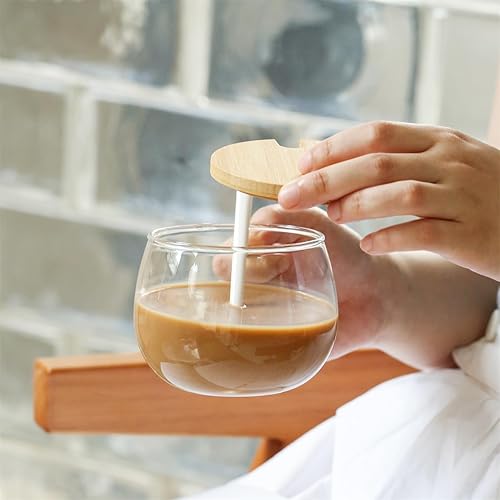 Miniatura 9 de Good MORNING - Taza transparente para café, postre, leche, té, yogur, taza de vidrio redonda con mango con tapa de bambú, cuchara de cerámica de
