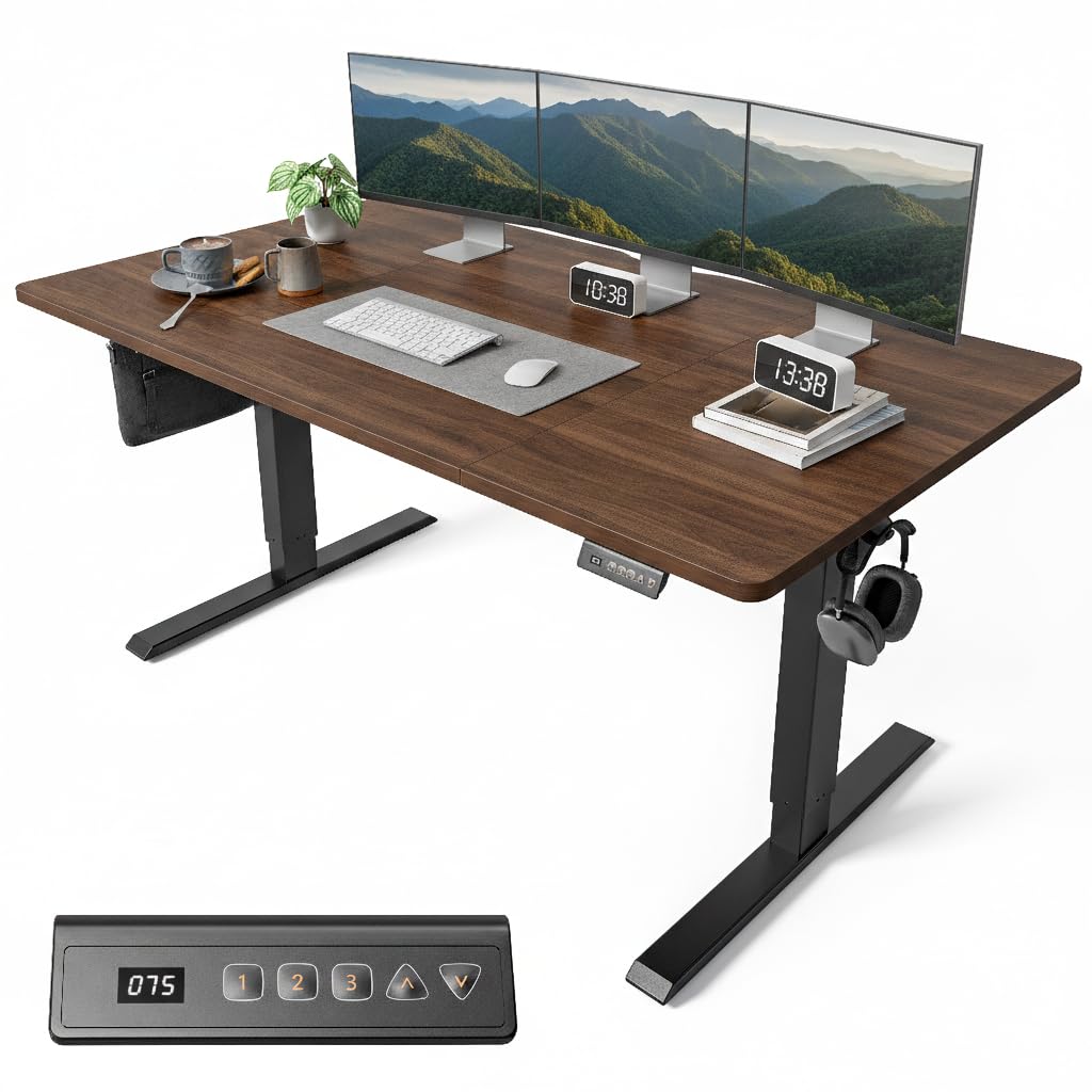 FEZIBO Electric Standing Desk 160 x 80 cm, Height Adjustable Sit Stand Desk with 3 Memory Presets, Home Office Computer Desk, Black Frame with Dark Walnut Top