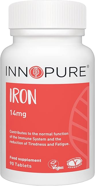 INNOPURE Iron Tablets for Energy & Immunity - High Srength 14mg - Vegan Society Approved - 90 Tablets, Made in The UK
