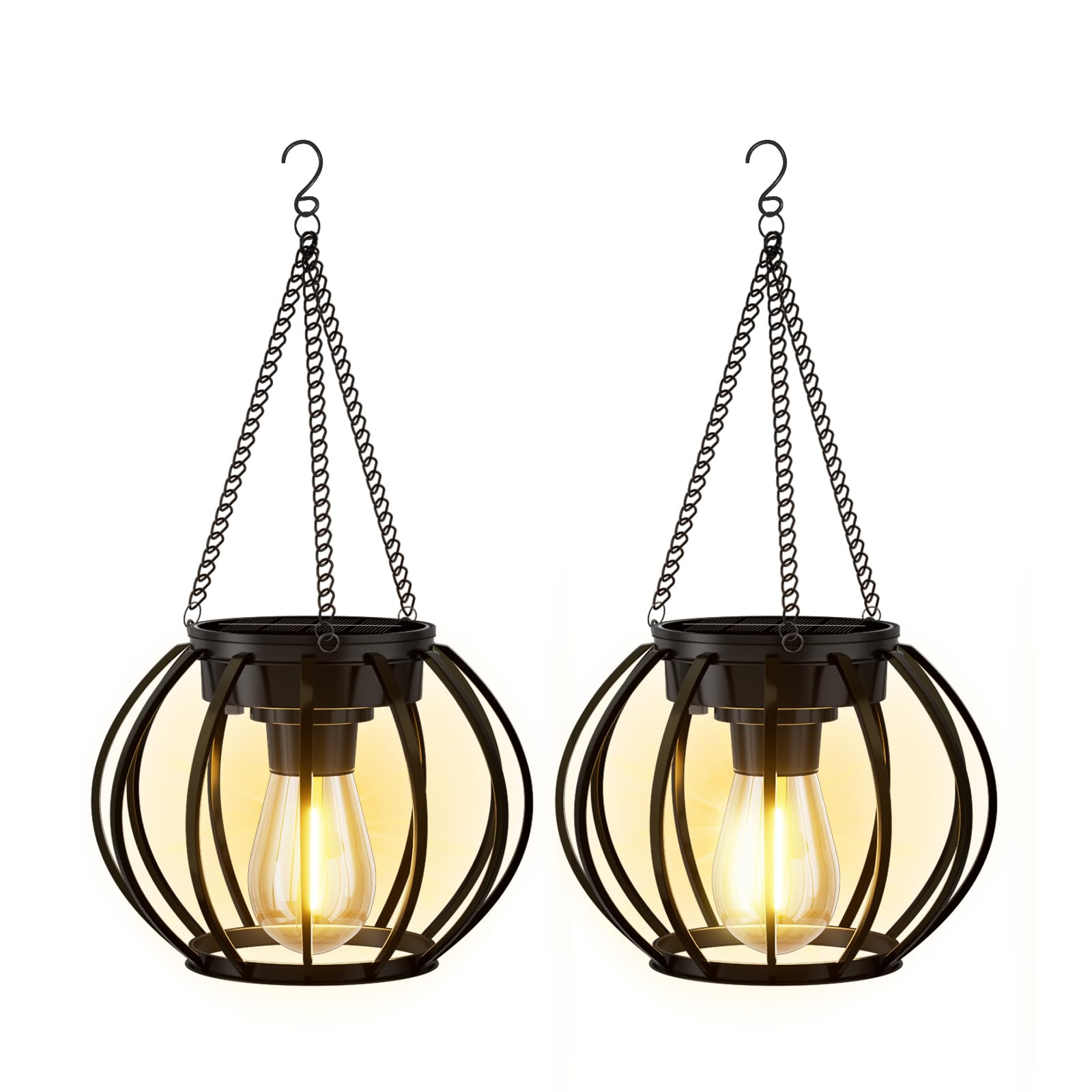 Solarlampen für Außen Hängend, IP65 Wasserdicht Solarlaternen für Draußen, Metall Runde Solar-Hängeleuchte mit Haken, Retro Laternen Hängend für Garten Balkon Terrasse Deko, Warmweiß 2 Stück