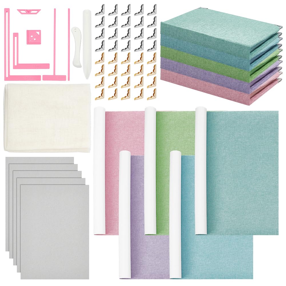 NBEADS Book Binding Cover Kit, Include 5Pcs Linen Book Covers 40Pcs Iron Corner Protectors 1Pc Cotton Cloth Fabric 5Pcs Rectangle Paper Boards 2Pcs Plastic Letter Opener for Book Binding, Pink