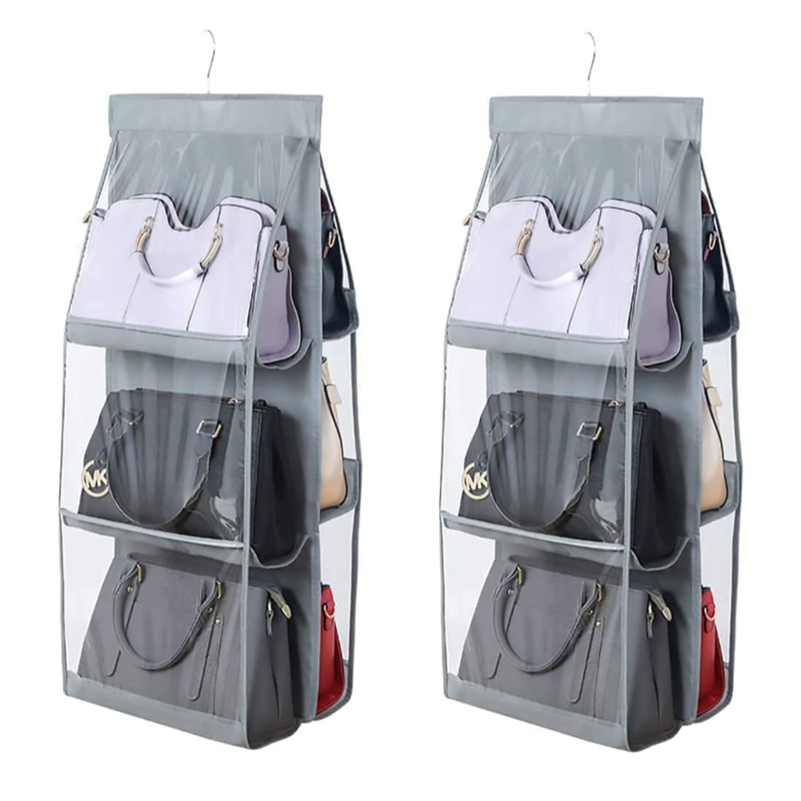 HAN SHENG 6 Pockets Clear Handbag & Purse Organizer Hanging Bag Storage - Space Saving Hanging Shelf for Closet, Wardrobe, Over Door (2 Pack, Grey)