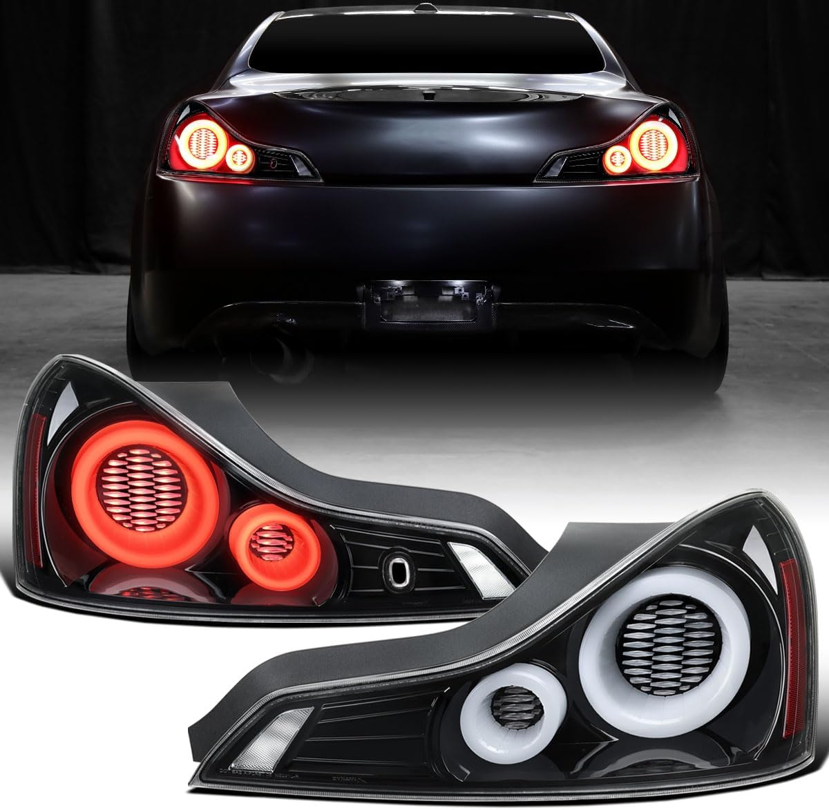 Ronnin - Fits 2008-2013 Infiniti G37 Coupe 2014-2015 Infiniti Q60 Coupe Upgraded Replacement Full LED Tail Lights Animated Startup Effect + Sequential Signal Lamps Assembly Pair | Gloss Black | White