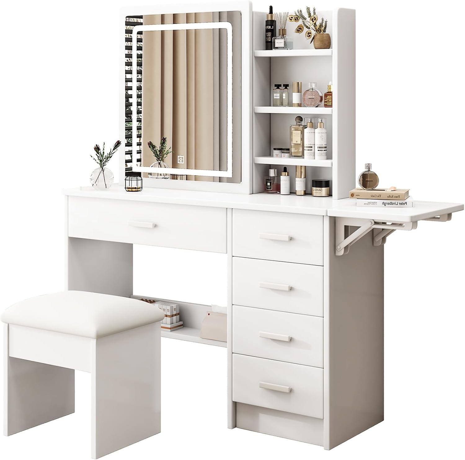 KUIKUI Vanity Mirror with Lights Desk and Chair, Makeup Desk, Vanity Table Mirror with Lights, 34.6" Width with Extra Table, 5 Drawers