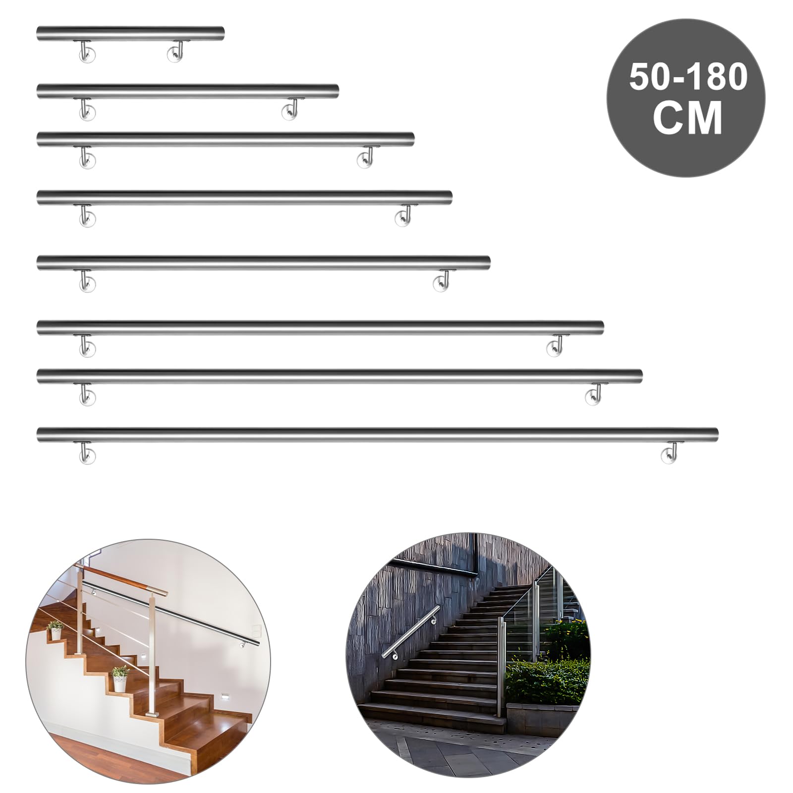 Fiqops Pasamanos de acero inoxidable, barandilla para escaleras, 200 cm, acero inoxidable, pasamanos de pared, para exterior e interior, pasamanos de 42 mm de diámetro, con soporte de pared y tacos de