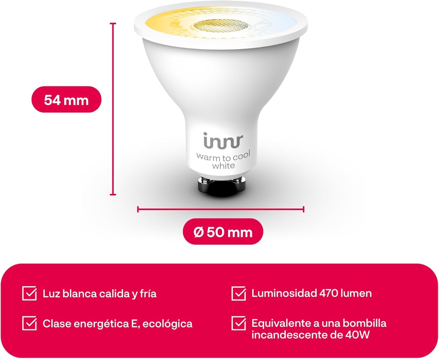innr Bombilla Inteligente GU10, Zigbee, Funciona con Hue* y Alexa (requiere puente), Luz LED Blanca Cálida a Fría, Bombillas Regulables, Lámpara, 470 Lúmenes - 4 piezas