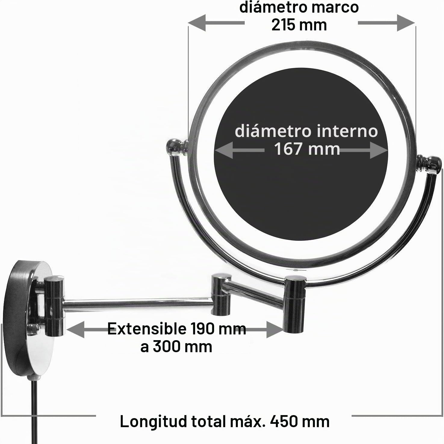LED Cosmética Espejo 8,5 Pulgadas 7X Aumentos, Maquillar Espejo de Pared con Luz y Brazo Articulado, Enchufe Español, Plegable Espejos para Baño, Cara Doble: Estándar + 7X Aumentos. KXD3129-7x