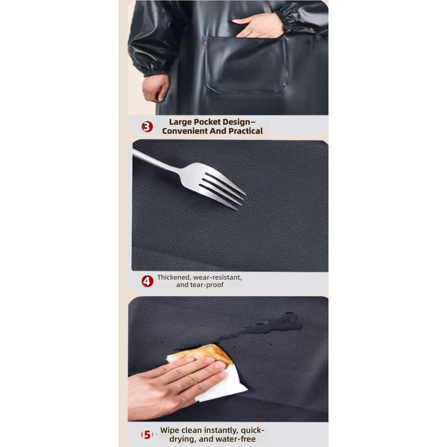 Tablier de Travail en Cuir, Blouse Imperméable à Manches Longues avec Poche, Vêtement de Protection pour Hommes et Femmes, Idéal pour Cuisine, Jardinage, Atelier et Vaisselle