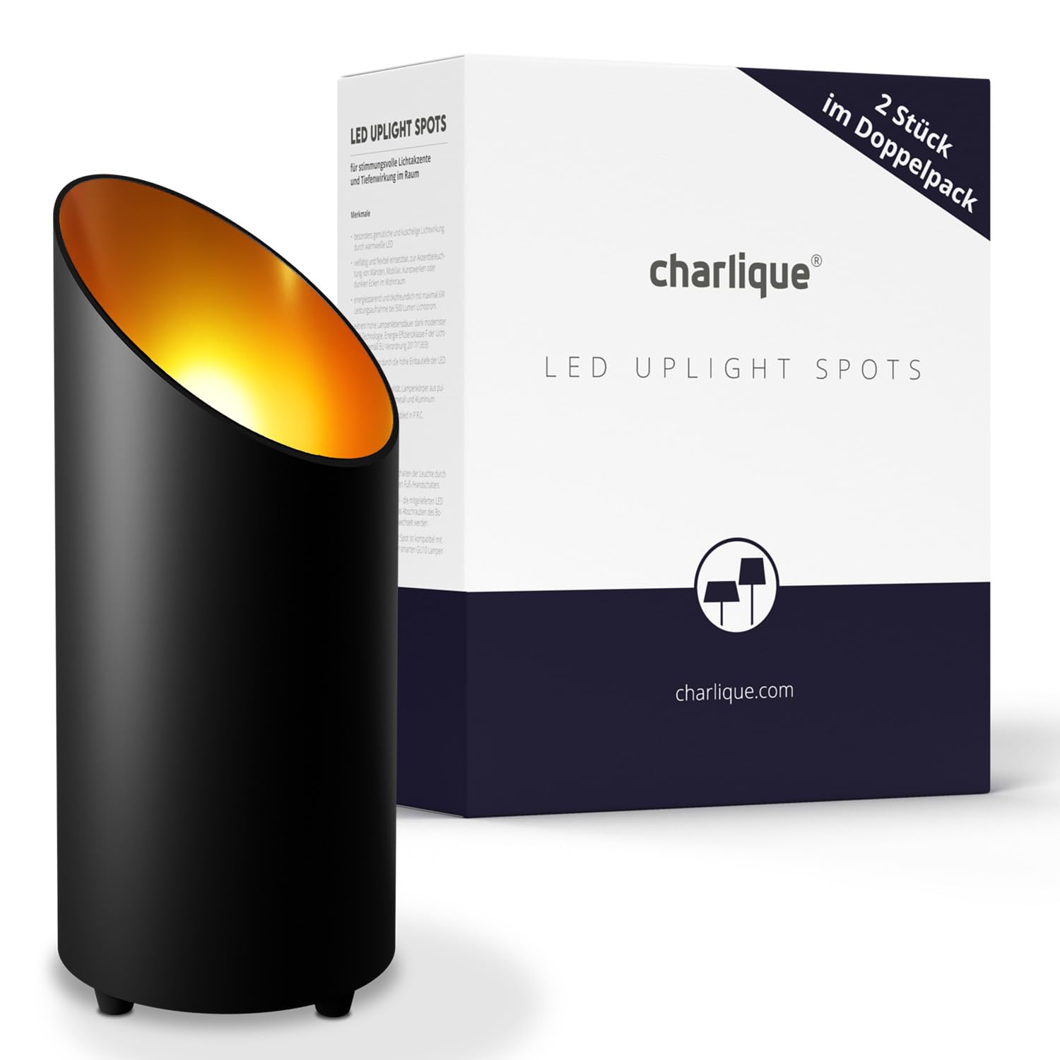 LED Uplight Spot (2 pezzi) nero, 6 W, faretto da terra per illuminazione indiretta, lampada da terra con lampadina GU10 230 V, luce calda da 2700 Kelvin