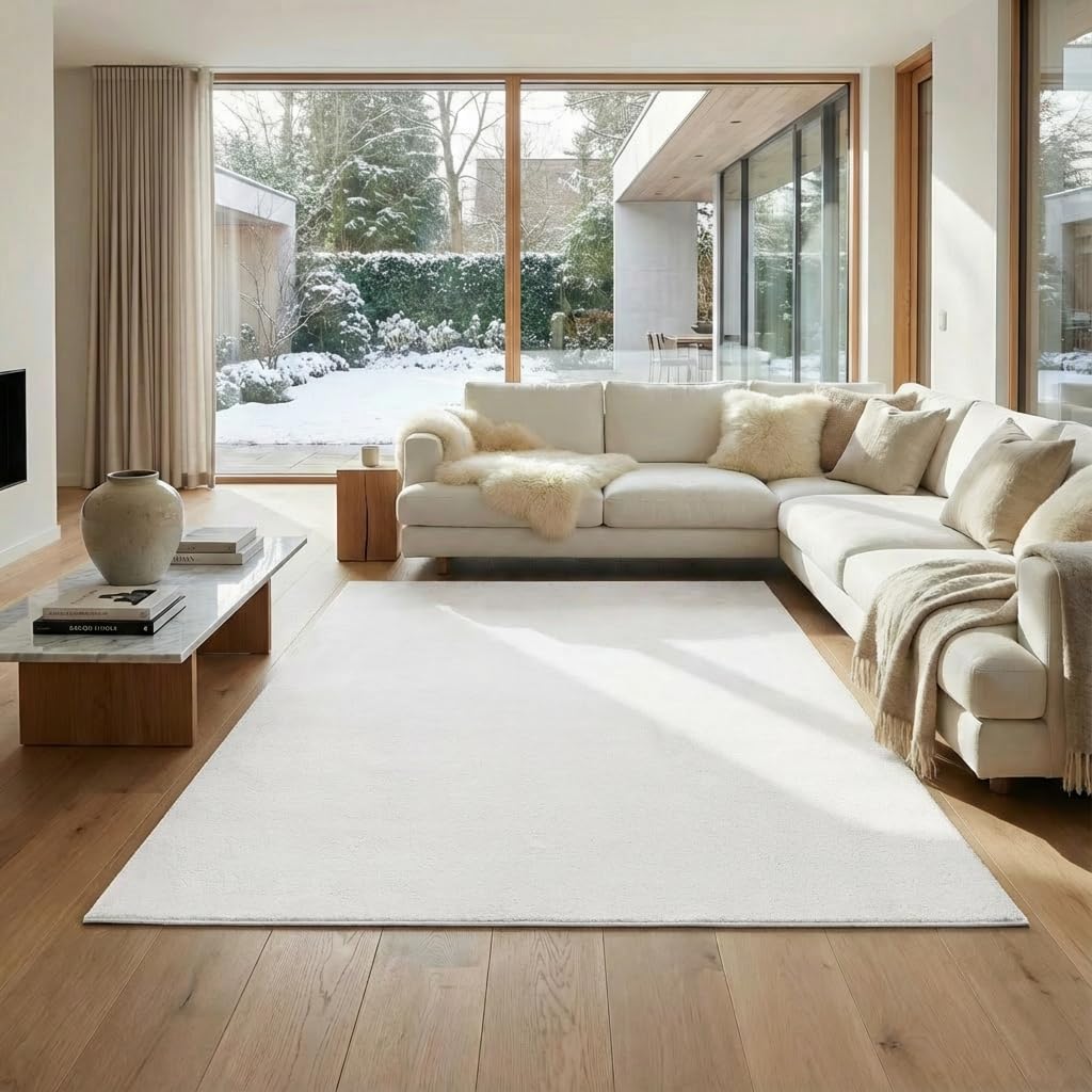 Jimri Flauschiger Teppich Läufer - Hochwertiger Kurzflor für Zuhause, Büro, Küche, Eingang, Flur, Wohnzimmer - Maschinenwaschbar - Rutschfester Teppich Waschbar - 140x200 cm - Cream_Weiß