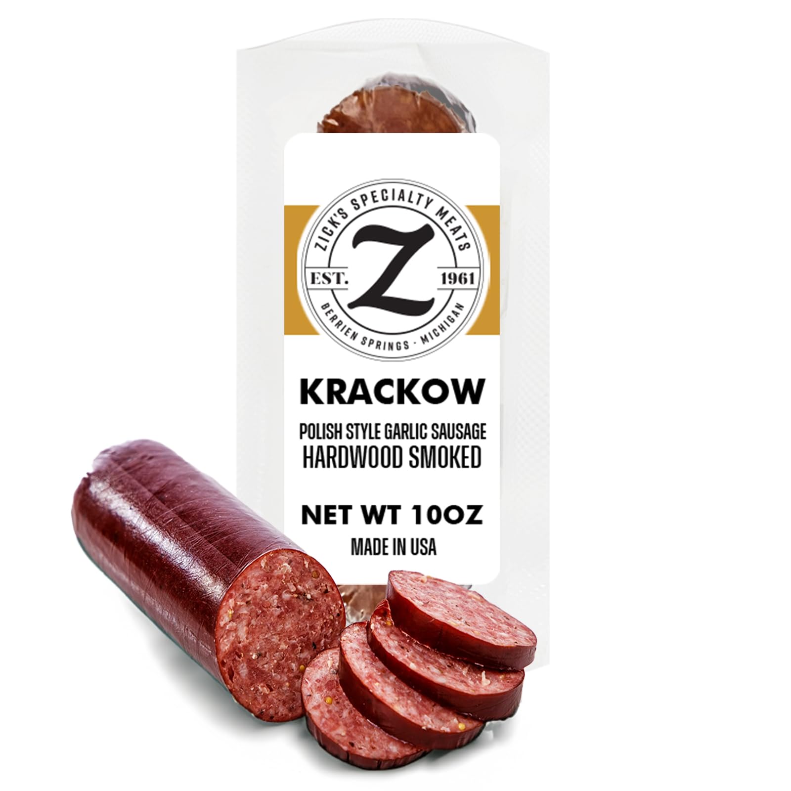 Zick's Krackow Smoked Sausages (10 oz) | Savory Garlic Polish Sausage, Pork & Beef Sausages, Dried Meat Snacks for Any Gatherings, Premium Hardwood