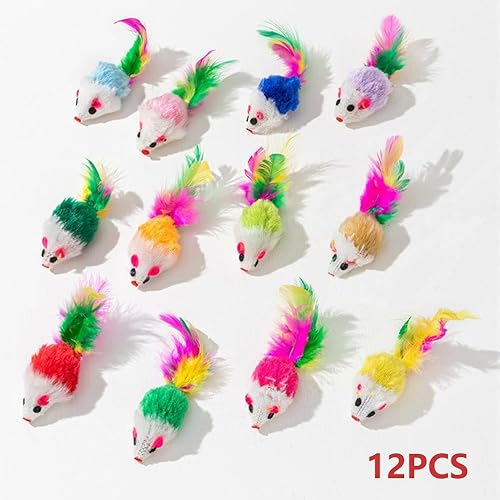 Miniatura 3 de pawstrip Juguetes de ratón para gatos, 12 unidades, ratones de sonajero para gatos de interior, plumas peludas, ratón falso, juego interactivo,