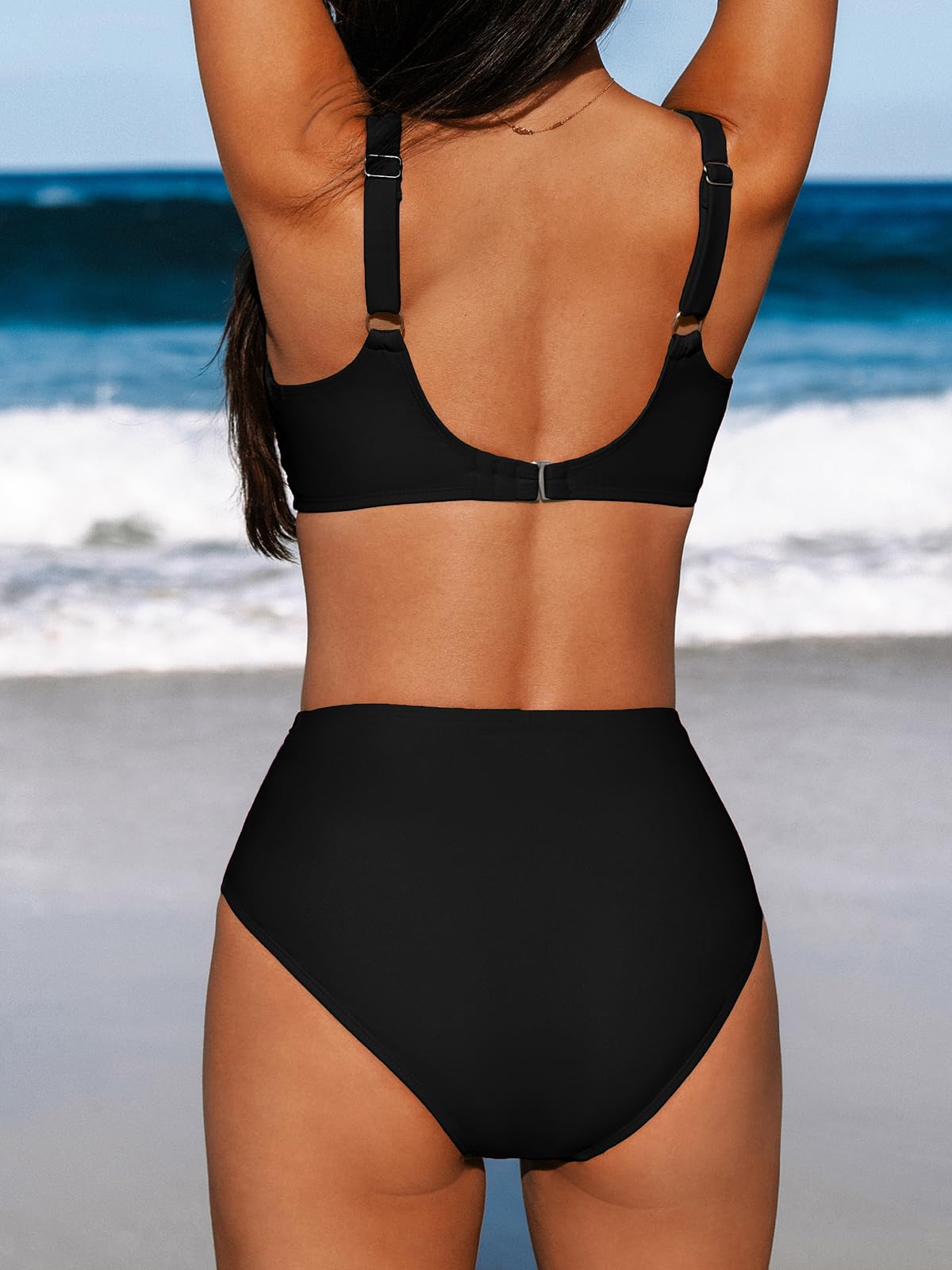 CUPSHE Conjunto de bikini para mujer, de cintura alta, con aros, correas ajustables, gancho trenzado, cobertura completa