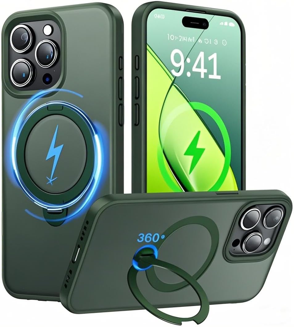 【2024 New Upgrade】360° Spin Titanium Magnetic Stand for iPhone 14 Pro Case [16FT Military Grade Shockproof] [Fit for MagSafe] Matte Translucent Slim Kickstand iPhone 14Pro Phone Cover 6.1'', Green