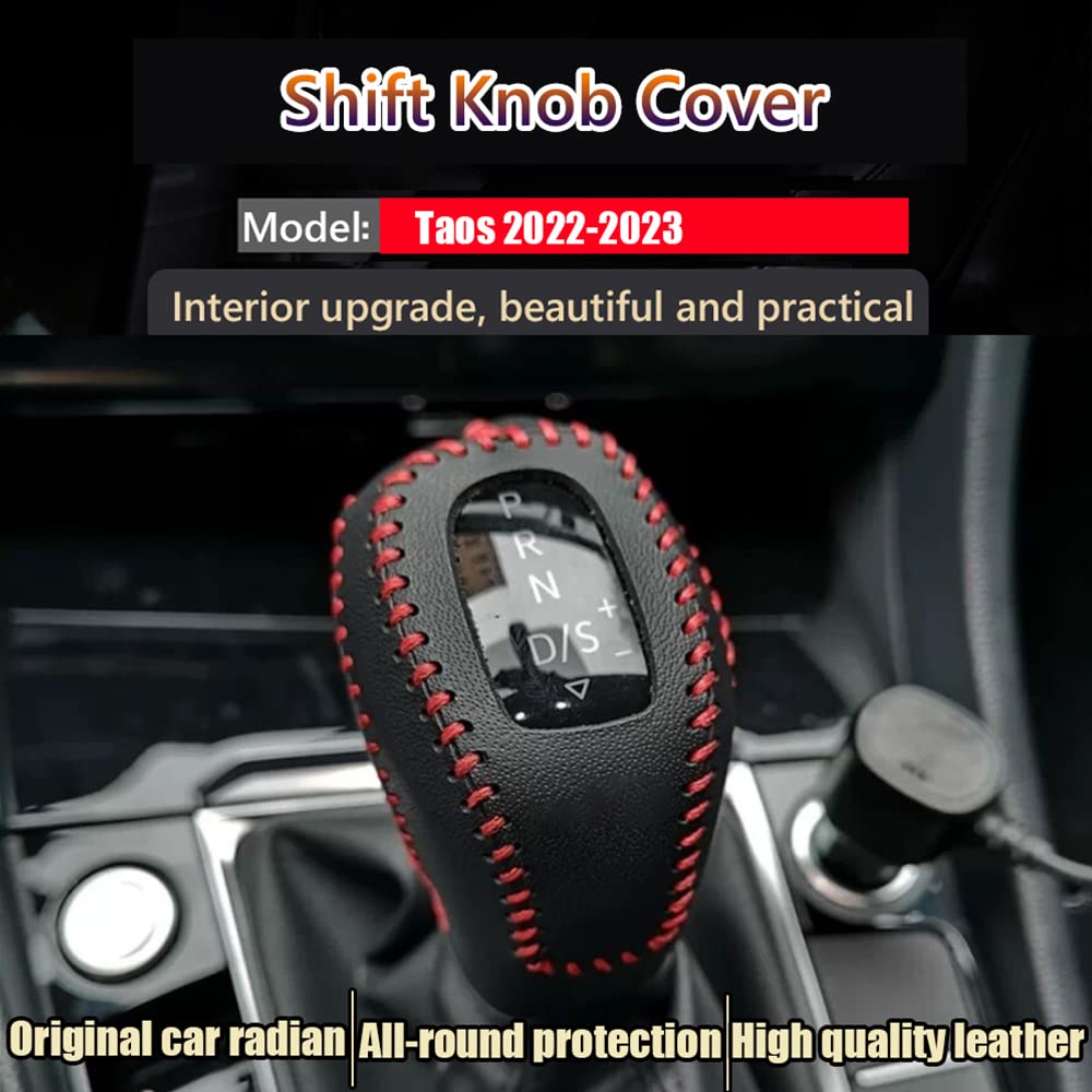 Genuine Leather Automatic at Gear Shift Knob Cover Protector Trim,the car Interior Accessories(Black Stitches) for Taos 2022 2023