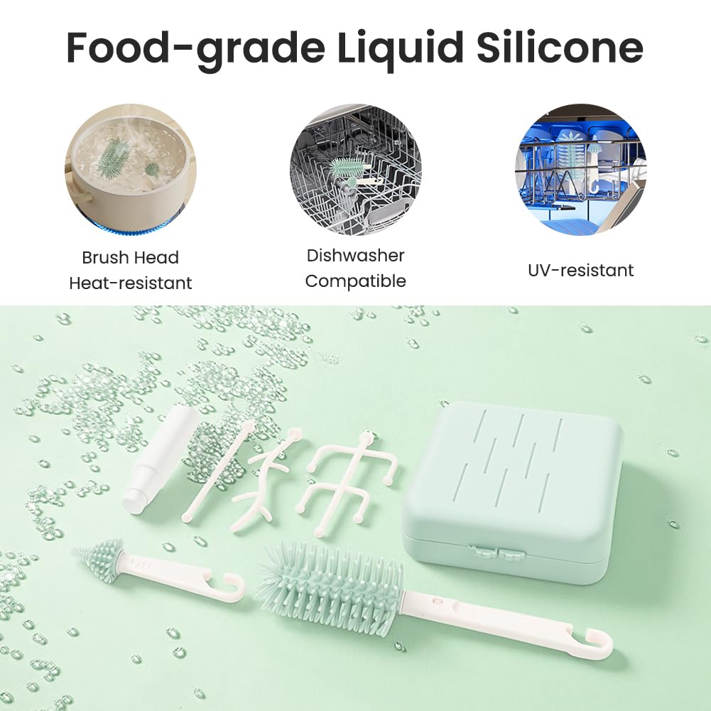 Vicloon 6 in 1 Spazzole per biberon, set da viaggio con spazzola in silicone per biberon/tettarella/cannuccia, dispenser di sapone, stendibiancheria, articoli essenziali da viaggio per neonati (Blu)