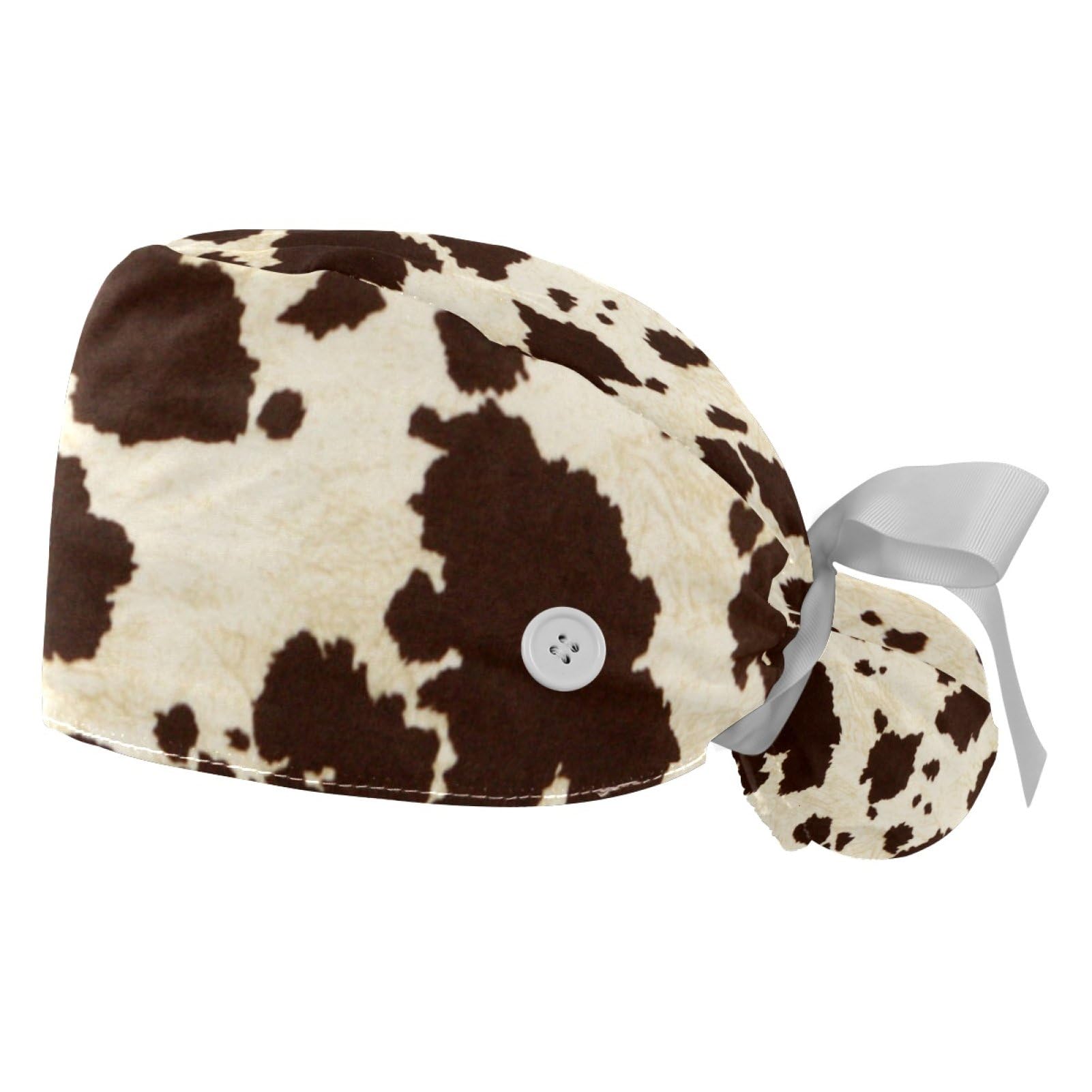 2 PCS Bouffant Cap with Button Ponytail Pouch Working Cap Sweatband Adjustable Surgical Cap Black and White Cow