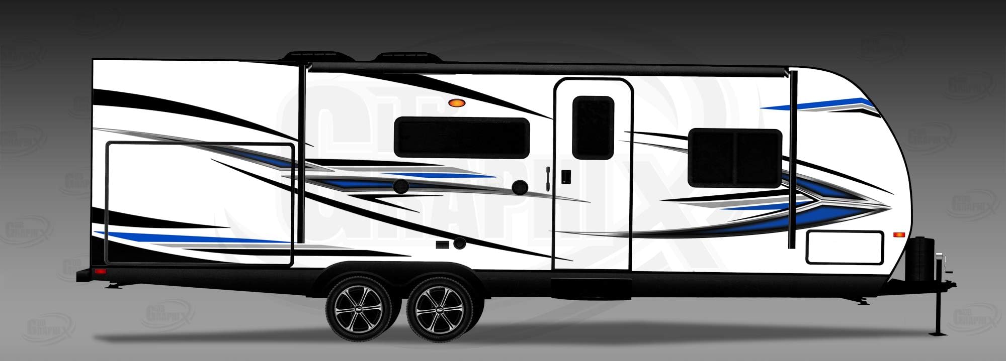 RV, Trailer, Toy Hauler, Camper, Motor-Home Large Decals/Graphics Kit-K-0010BL Black,silver,white,charcoal Grey and Blue