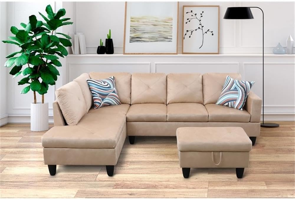 Pemberly Row L-Shaped Sectional Sofa Set with Ottoman, Beige Microfiber Upholstery, 66.5 in Sofa, Storage Ottoman, Toss Pillows Included, Comfortable Living Room Couch, Easy Assembly