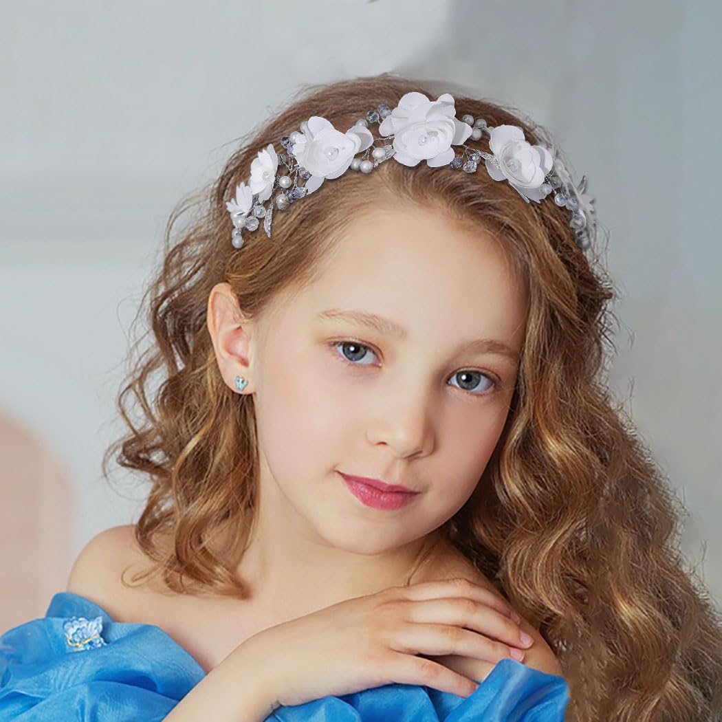 IYOU Niña Flores Tocado Blanco Floral Diademas Perla Boda Vides Comunión Nupcial Accesorios para el Cabello para Niñas