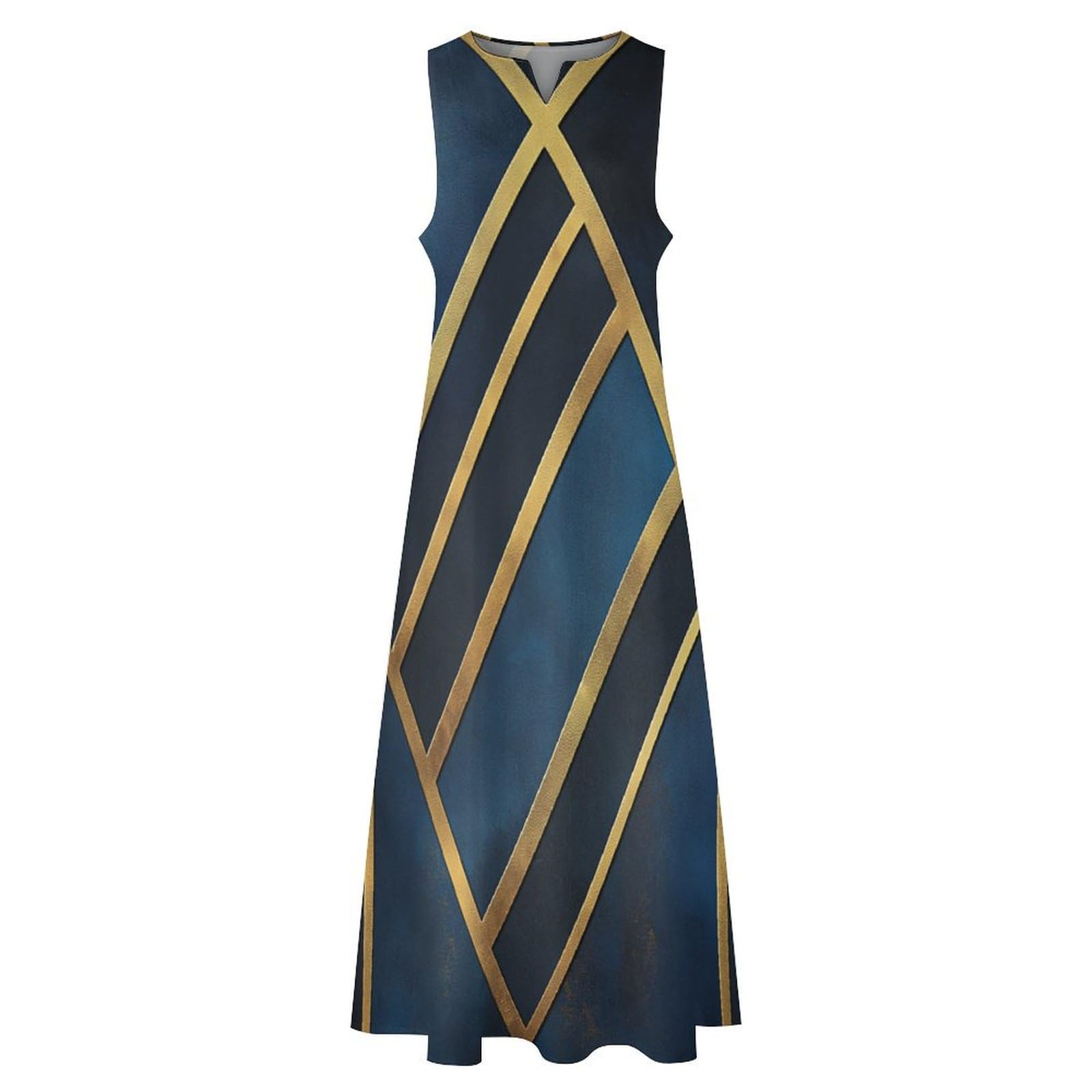 Abiti Donna Estivi Linee Geometriche Casual Vestiti Lunghi Motivo Geometrico Simmetrico Senza Maniche Vestito Elegante Scollo a V Linea ad A Maxi Abito con Tasche