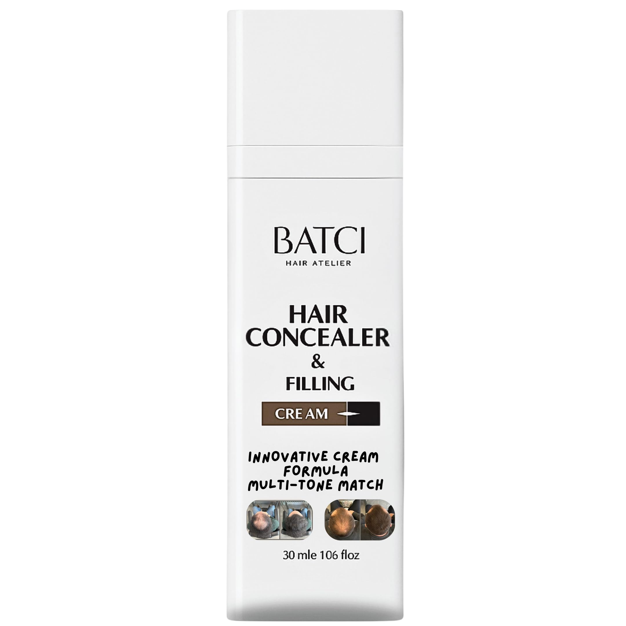 Batci Hair Concealer Cream for Thinning Hair & Bald Spots - Non-Fiber Scalp Concealer Root Touch-Up for Men & Women, Sweat/Water Resistant, One Shade for Black Brown & Grey Hair 1 fl oz (30ml)