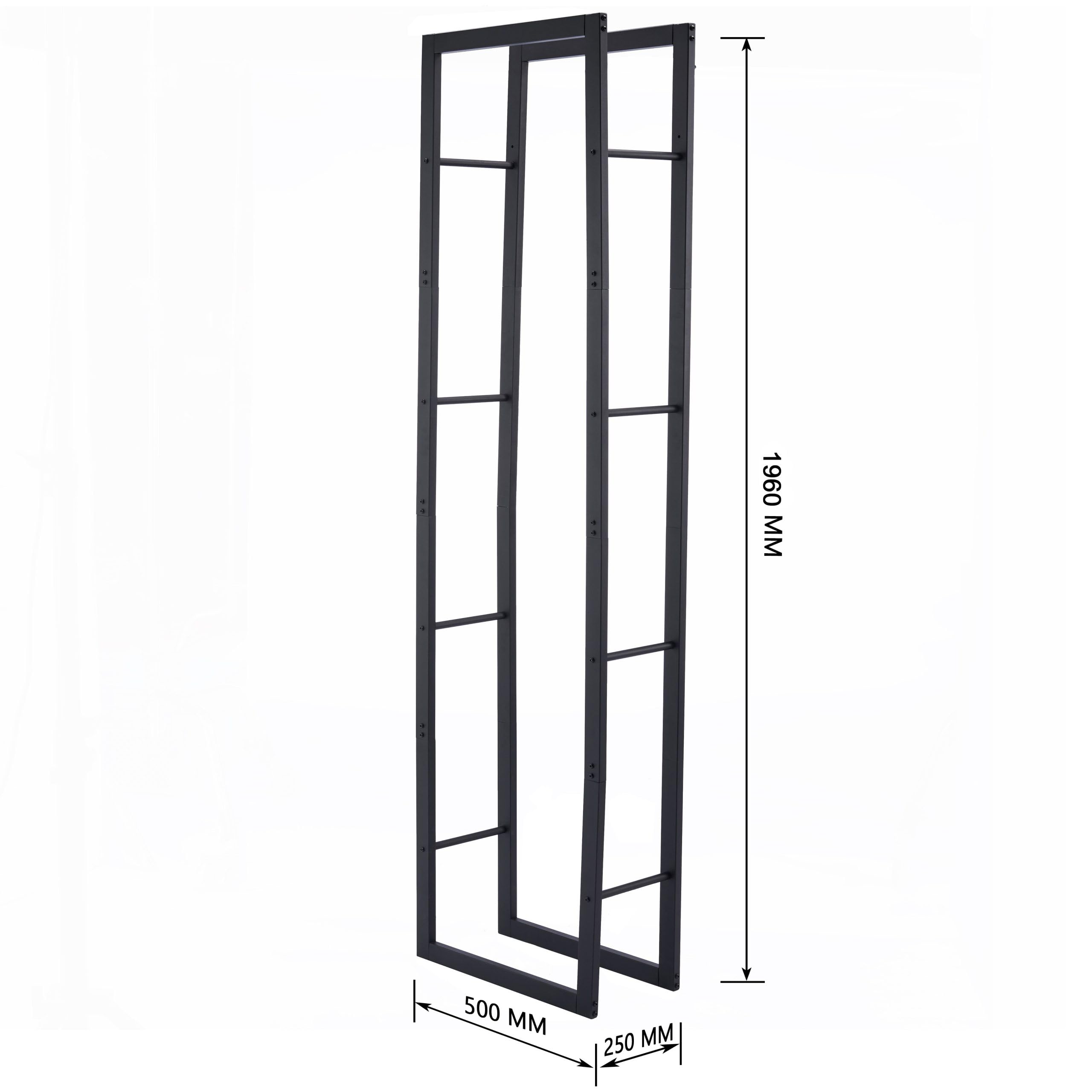 Kaminholzregal + Tragetasche - Innen & Außen - Feuerholzregal - Kaminholzständer - Brennholzregal - Schwarz - Metall (50x25x196cm)
