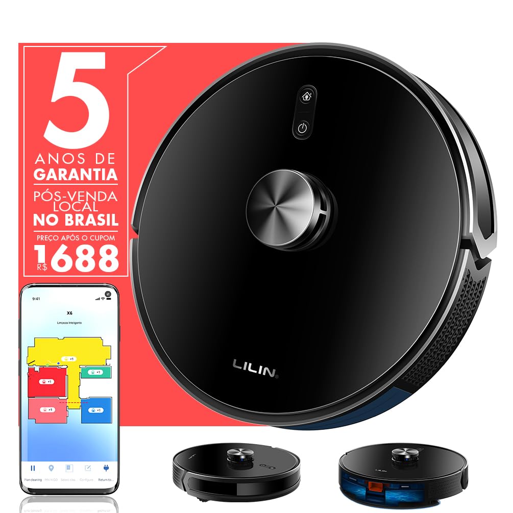LILIN Robô aspirador de pó X6, Navegação e mapeamento LIDAR, 110/220V Bivolt, Aspirador e esfregão 3 em 1, Mapeamento de vários pisos, Autocarregamento, Conexão WiFi, Funciona com Alexa