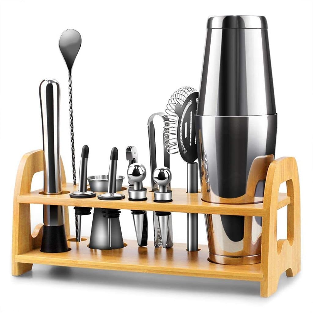 Bartender Set Boston Cocktail Shaker Stainless Steel Cup Wooden Stand Complete of 13 Pieces