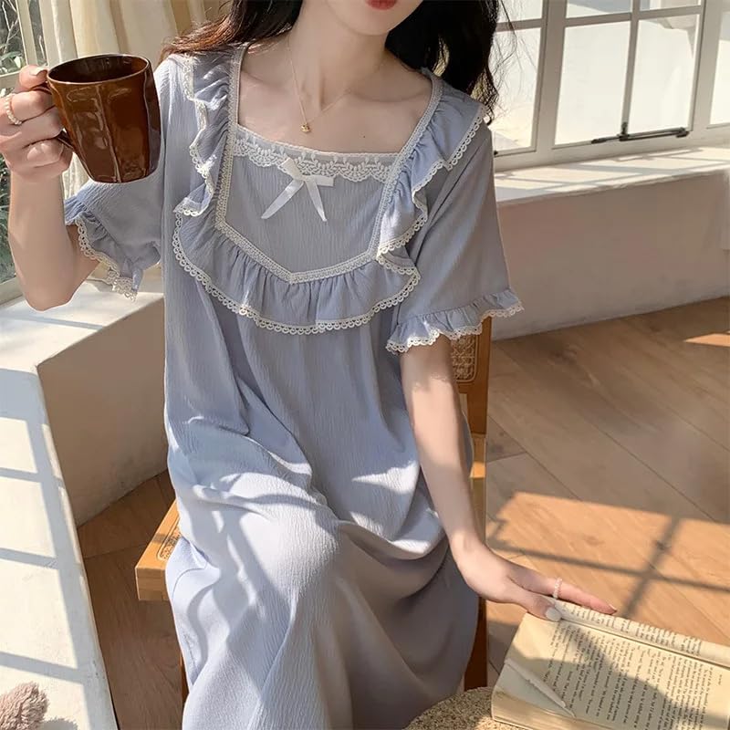OFFSUM Camisón De Pijama De Mujer - Dulce Verano Encaje Bordado Princesa Ropa De Dormir Estilo Francés Temperamento Albornoz Cuello Cuadrado Color Sólido Ropa De Casa