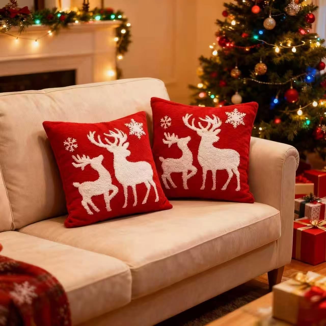 Fundas de almohada rojas navideñas de 18 x 18 pulgadas, funda de cojín suave para decoración de sofá, funda de cojín suave con copo de nieve para sala de estar (ciervo)