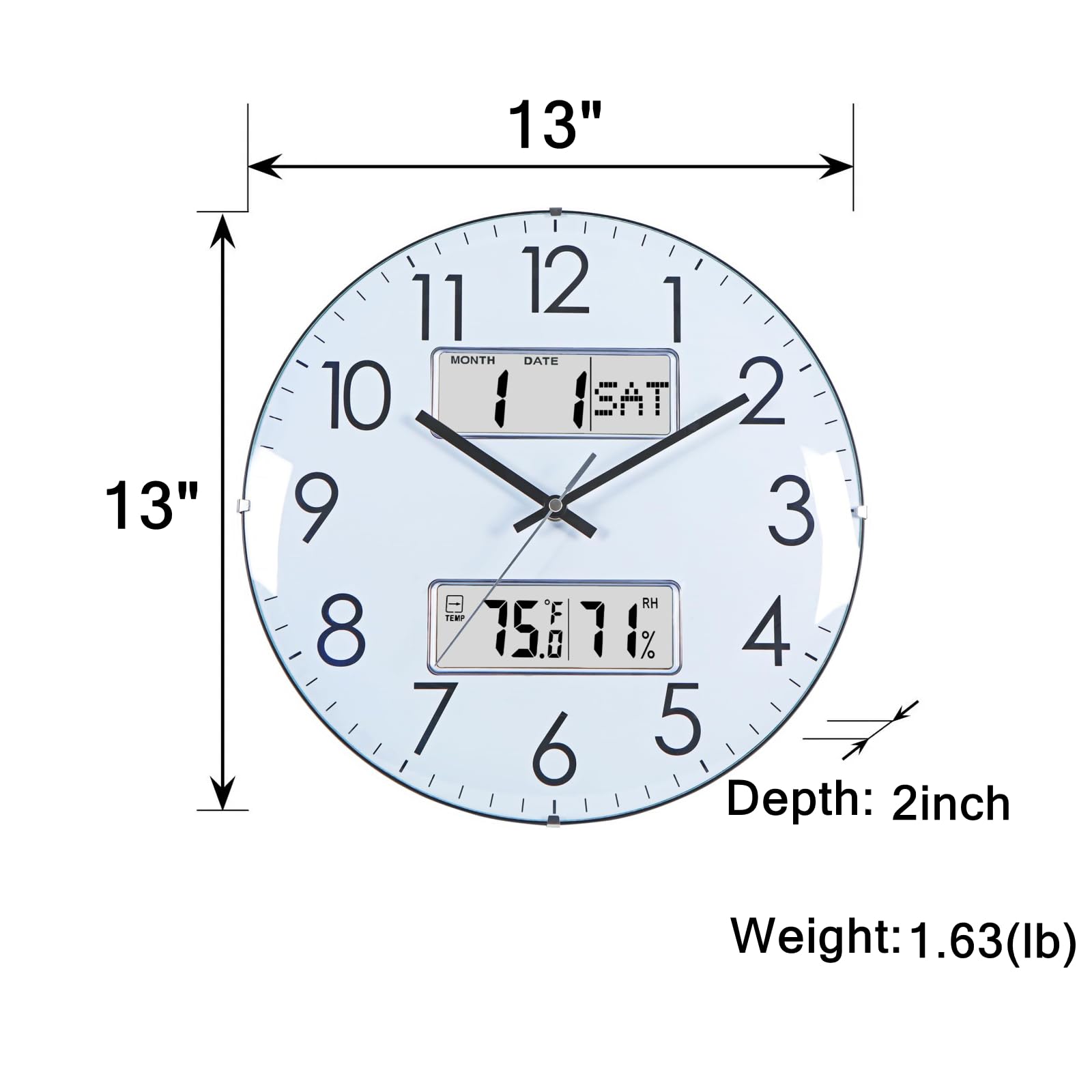 Nbdeal Orologio da parete analogico silenzioso da 33 cm con calendario temperatura e umidità (bianco)