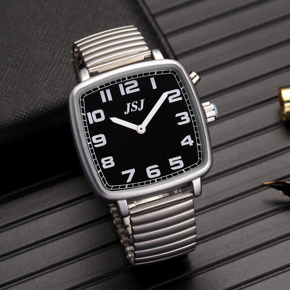 Reloj Parlante Analógico de Forma Cuadrada con Función Despertador, Anuncio de la hora y Fecha en Francés, Esfera Negro, Correa Extensible TFSW-1708F