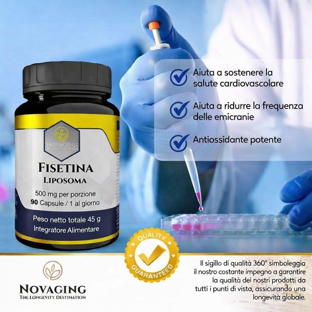 Fisetina Liposomiale Anti-età, Potente Antiossidante, 100% Vegano - 90 Capsule, Fornitura per 3 Mesi, 500 mg - Massima Biodisponibilità, Dosaggio Preciso, Testato senza OGM né Allergeni