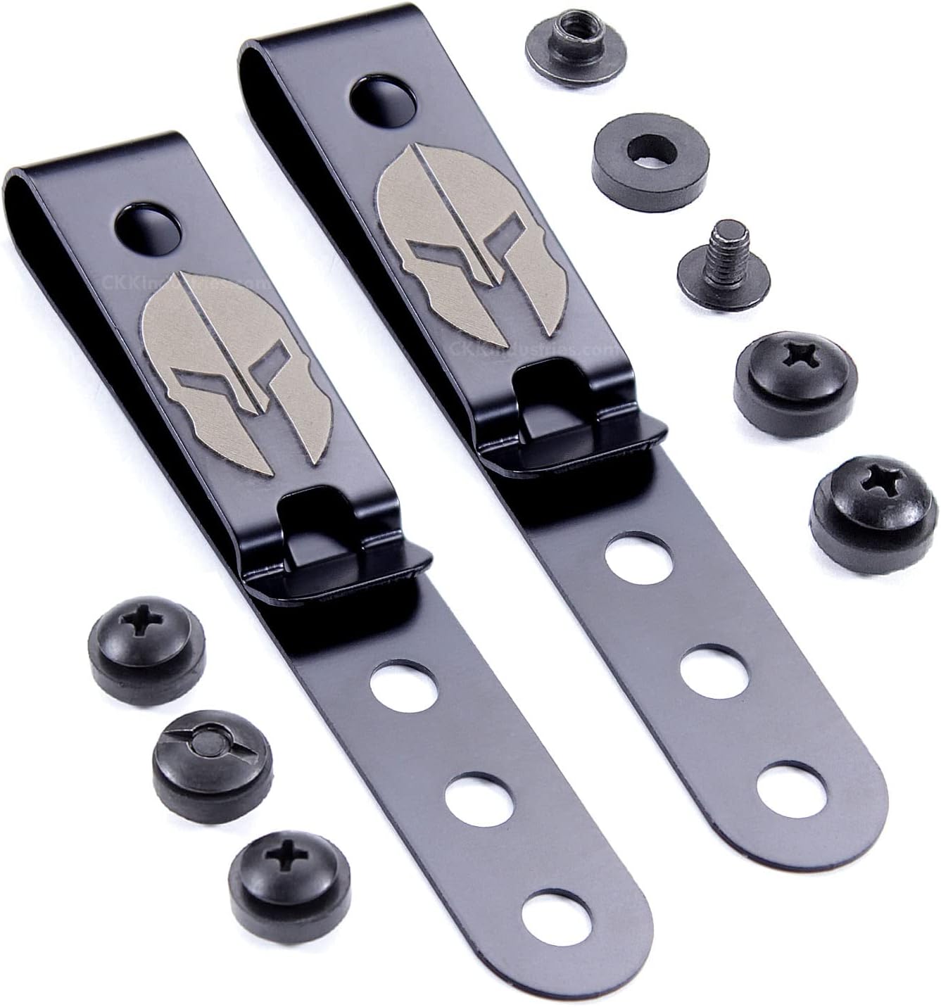 HolsterSmith Universal Metal Belt Clip for Holster Making - (Model 5) - (3-Hole) - (Tactical Black) - (w/Spartan Helmet Engraving) - (w/Mounting Hardware) - (2 Pack)