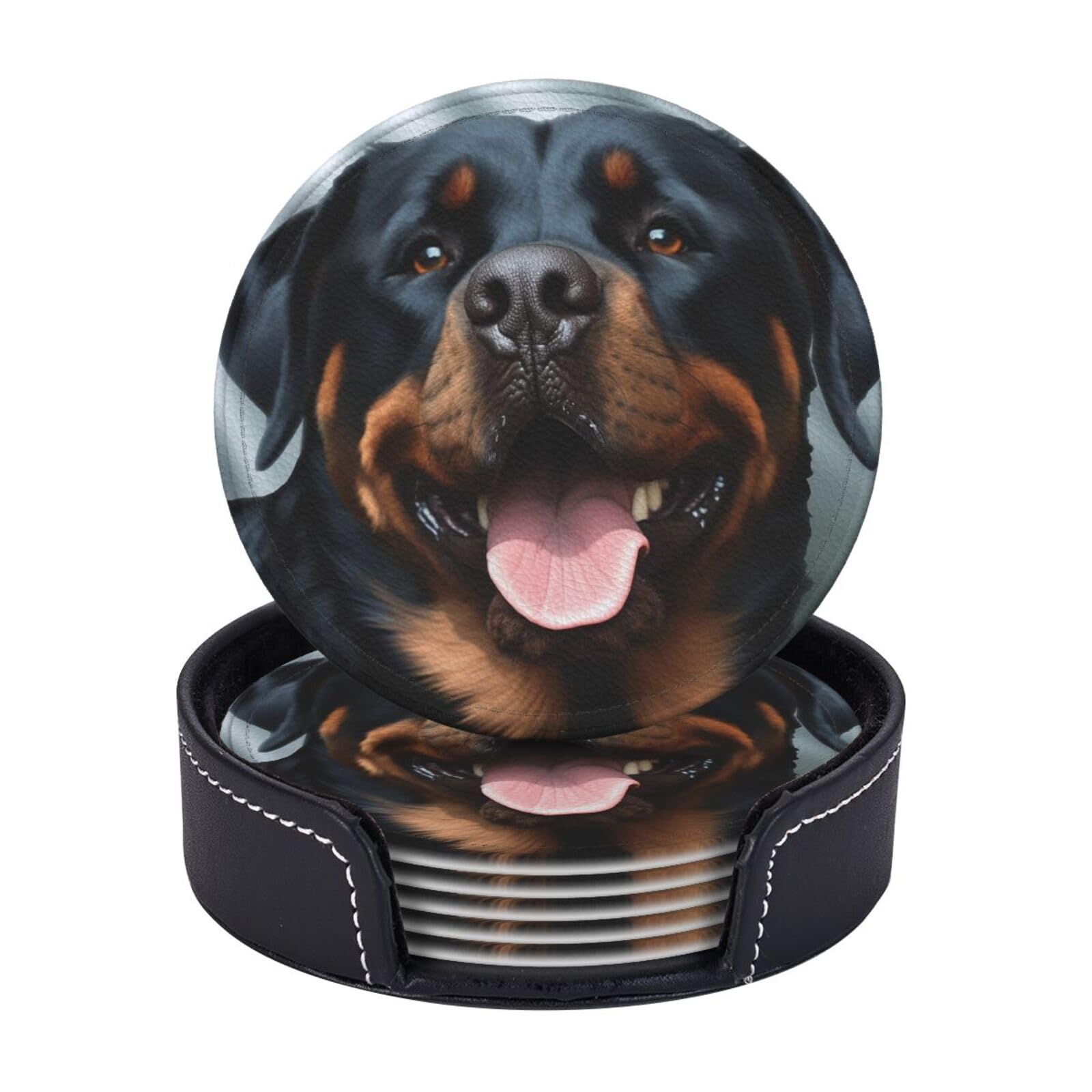 Round Coasters for Drinks Set of 6 - PU Leather Coasters with Holder - Modern Drink Coasters for Coffee Table - Rottweiler Dogs Tongue Head Coaster for Tabletop Protection 4" Cup Mat Pad