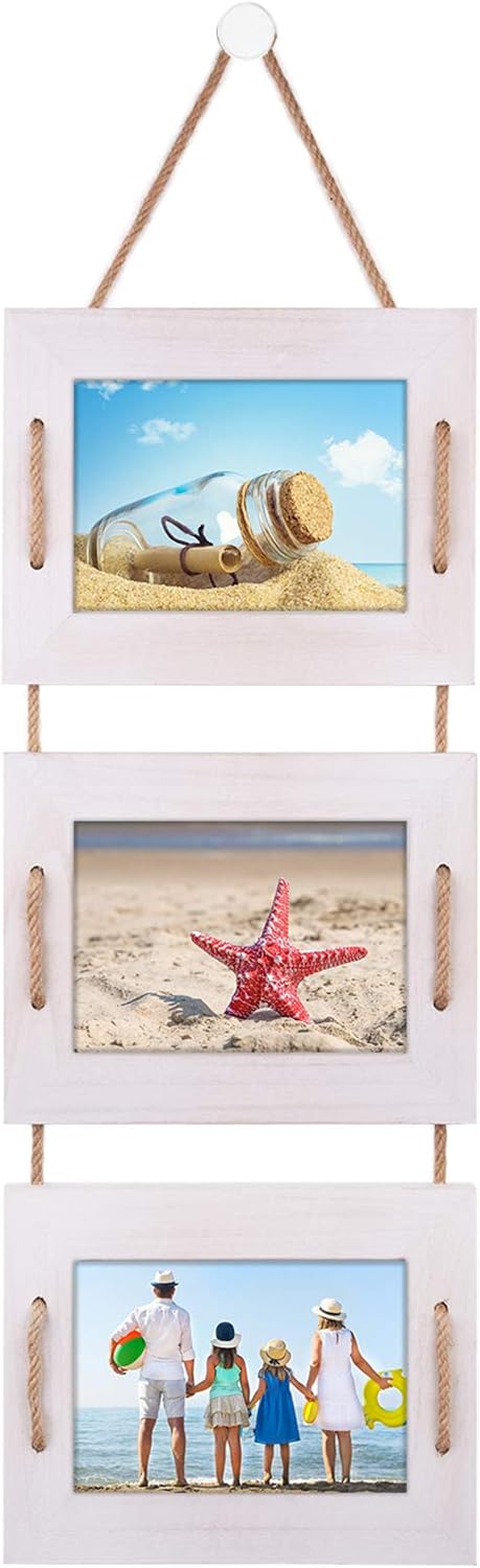 DLQuarts 5x7 Hanging Picture Frames Collage Wall Decor, 3-Opening Photo Frame 5x7 Without Mat & 3.5x5 with Mat, Rustic Wood 3-Frame, Vintage White