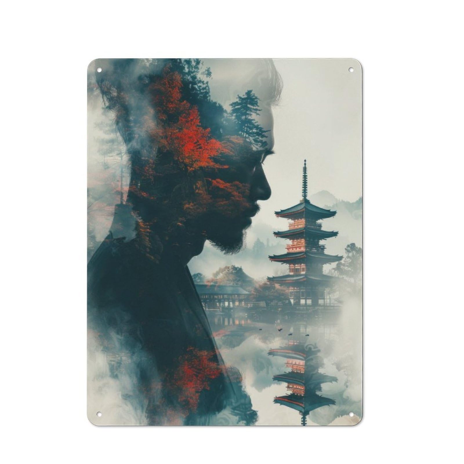 Junmoney Japanese Pagoda Double Exposure Industrial-Style Tin Sign 40X30cm For Pub Or Café, Suited To Pub Decor Enthusiasts