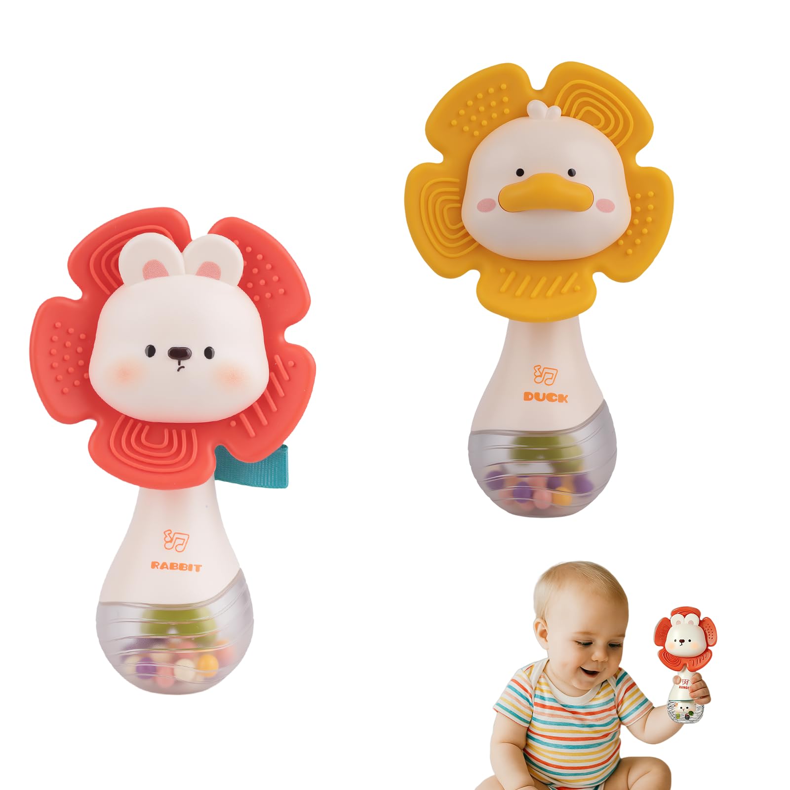 2 PCS Baby Rattles Teething Toys - Infants Newborns Sensory Toys with Soft Silicone Teether BPA Free, Must Haves Montessori Toys Babies Gifts, Ideal Size for Grasp and Shake Boy Girl Toy Gift