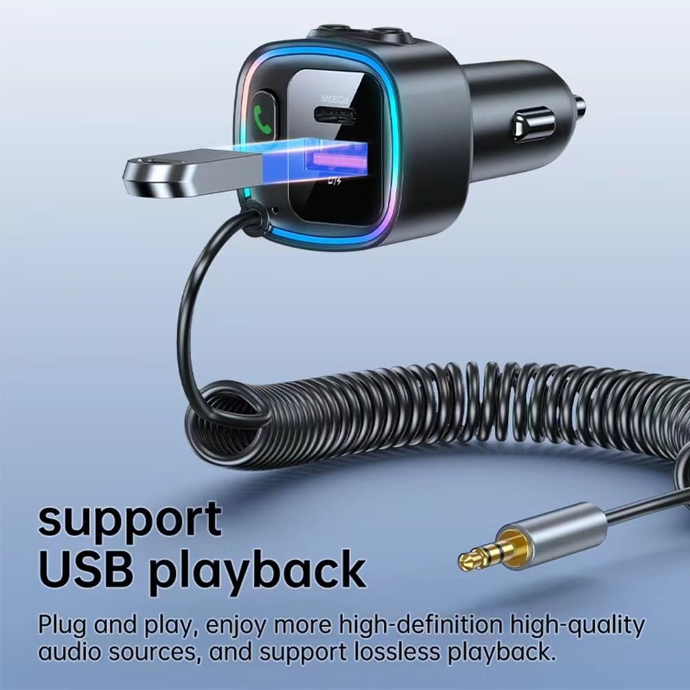 KBIBCK Bluetooth Adapter Auto – 5.4 FM Transmitter, AUX, PD 30W & QC 12W, Hands-free, USB-C, Spiraalkabel