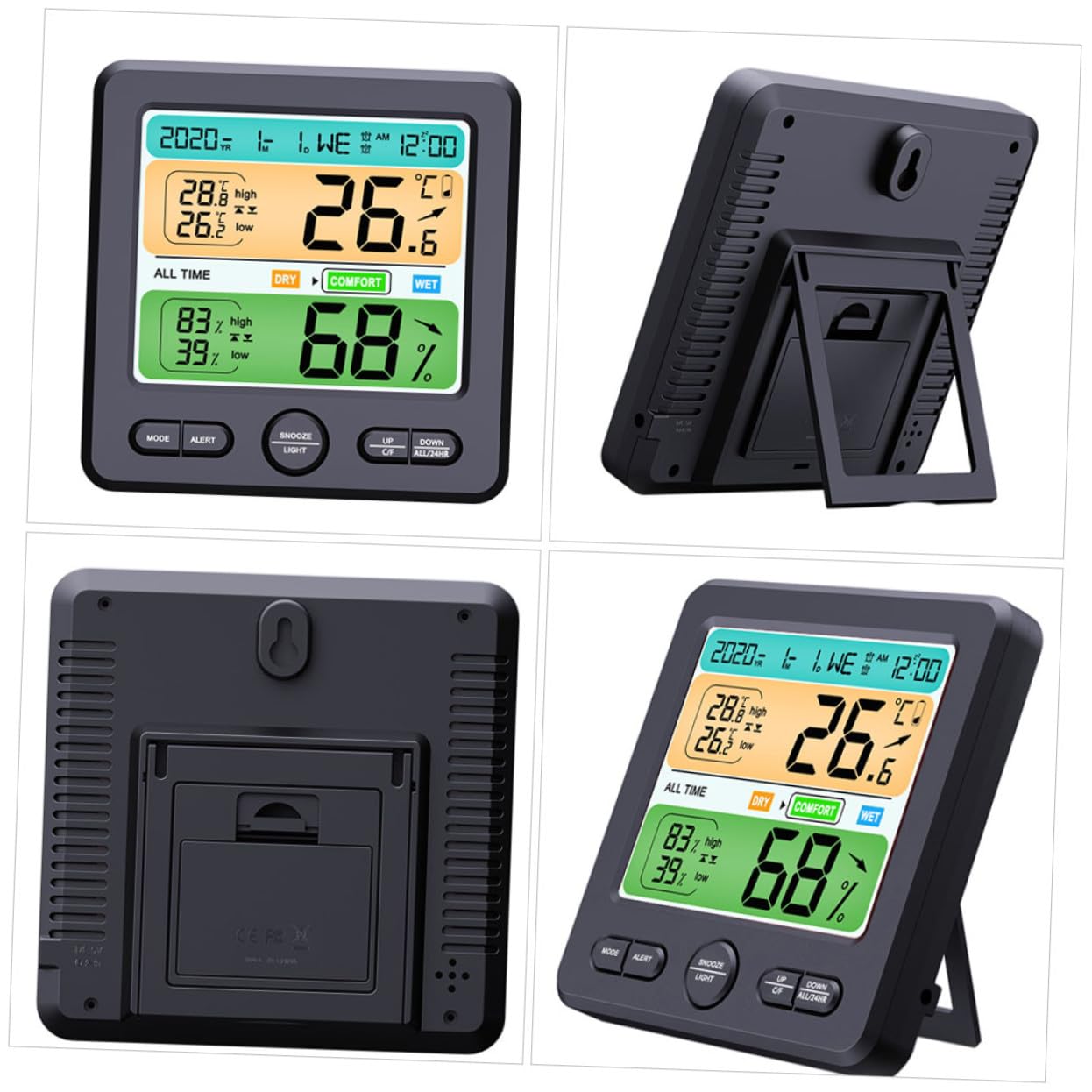 Artibetter Digitales Hygrometer mit Uhr, Großes Display, Kunststoff, Schwarz