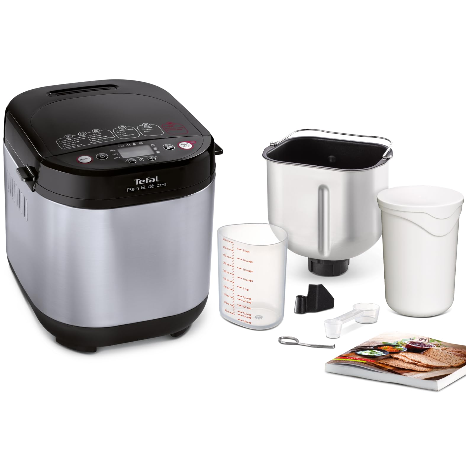 Tefal Brotbackautomat Pain & Délices, 20 Backprogramme, 3 Brotgrößen und Bräunungsstufen einstellbar, auch für Kuchen - Pizza - Nudelteig, Backform antihaftbeschichtet, schwarz/Edelstahl, PF240E