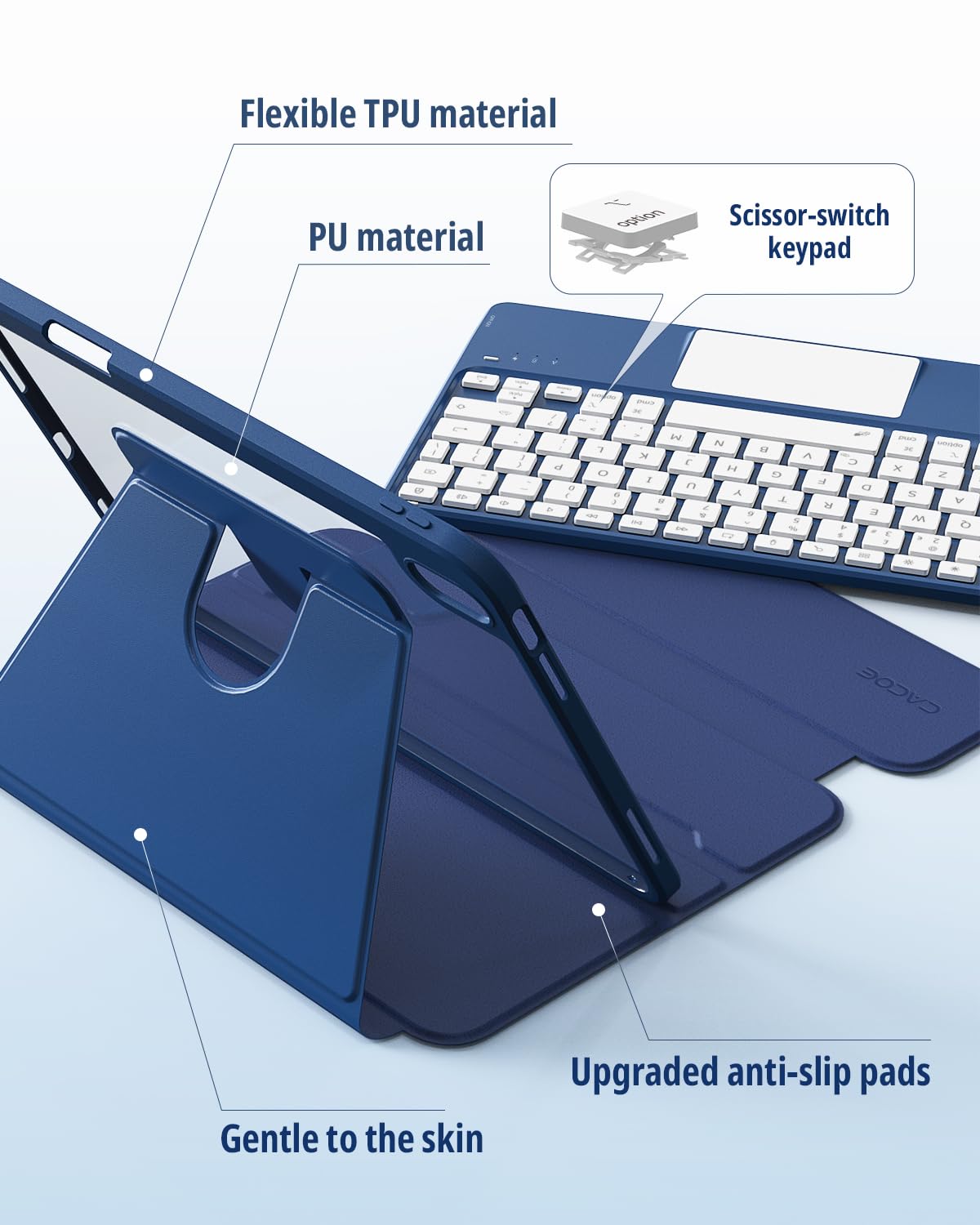 CACOE Drehbare Hülle mit Tastatur für iPad (A16) 11/10 Generation (11/10.9 Zoll) 2025/2022 mit Touchpad, 7-Farbige Beleuchtung Abnehmbare Kabellose Tastatur 360° Drehung mit Standfunktion,Ozeanblau