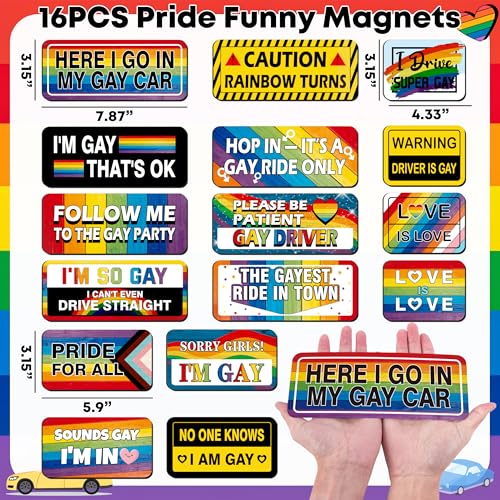 Image of 16PCS Gay Pride Car Bumper Magnets: Funny Rainbow Decals Bulk for LGBT Parade, Truck, Fridge, Cruise - Prank Gift Idea (Retro Style)