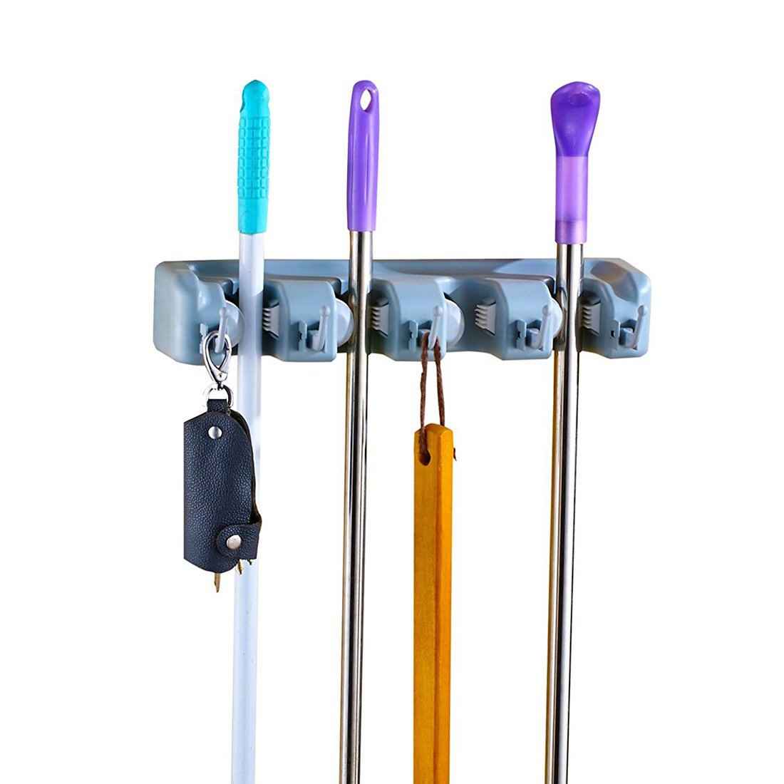 Home Mop Storage Organization Racks Mop And Broom Holder Wall Closet Mounted Mops Organizer Brooms Rakes Automatic Handle Grips Tool 4 Position 5 Hooks