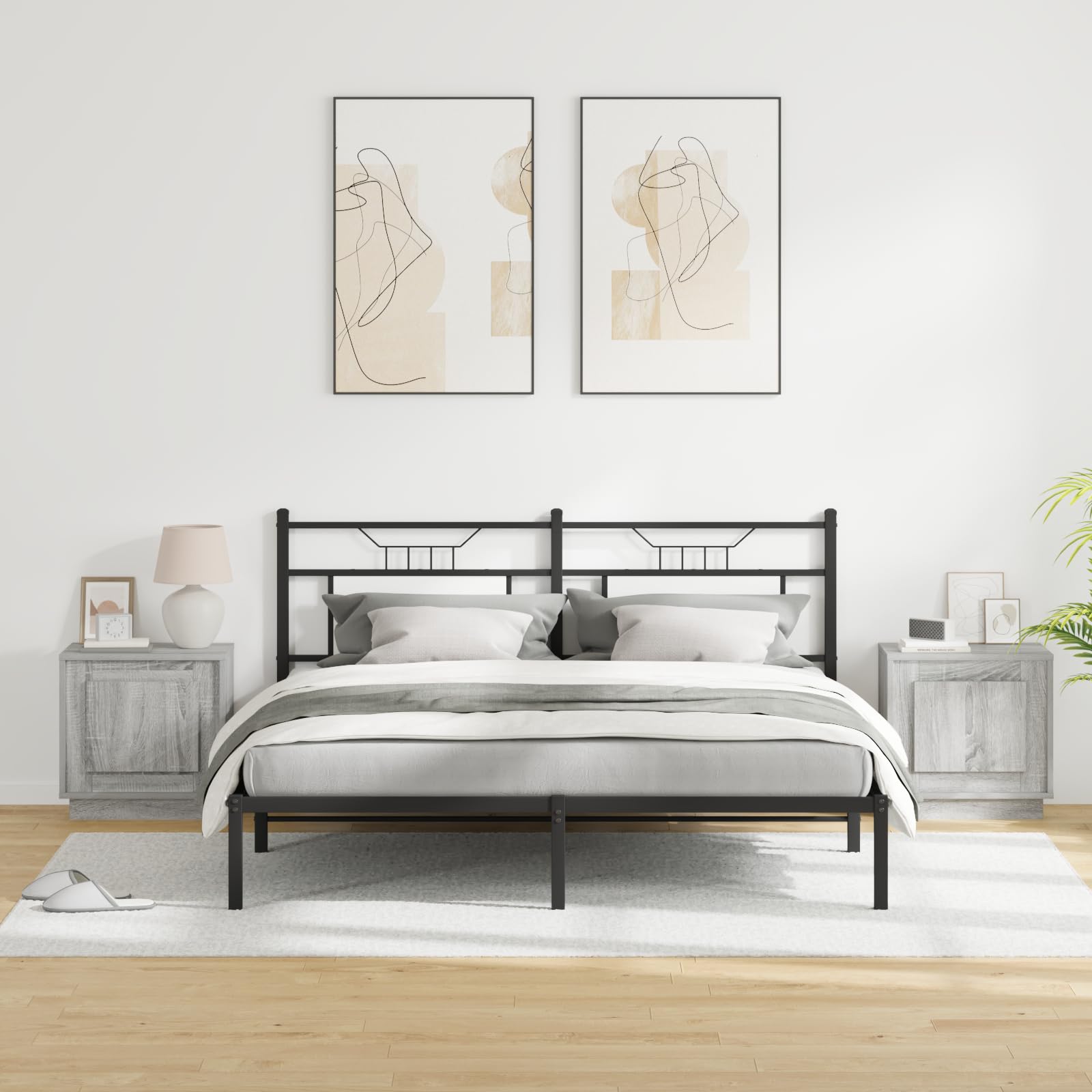 Juego de 2 mesitas de noche con luces LED, gris Sonoma, 44 x 34,5 x 45 cm, con cajones, para dormitorio, salón