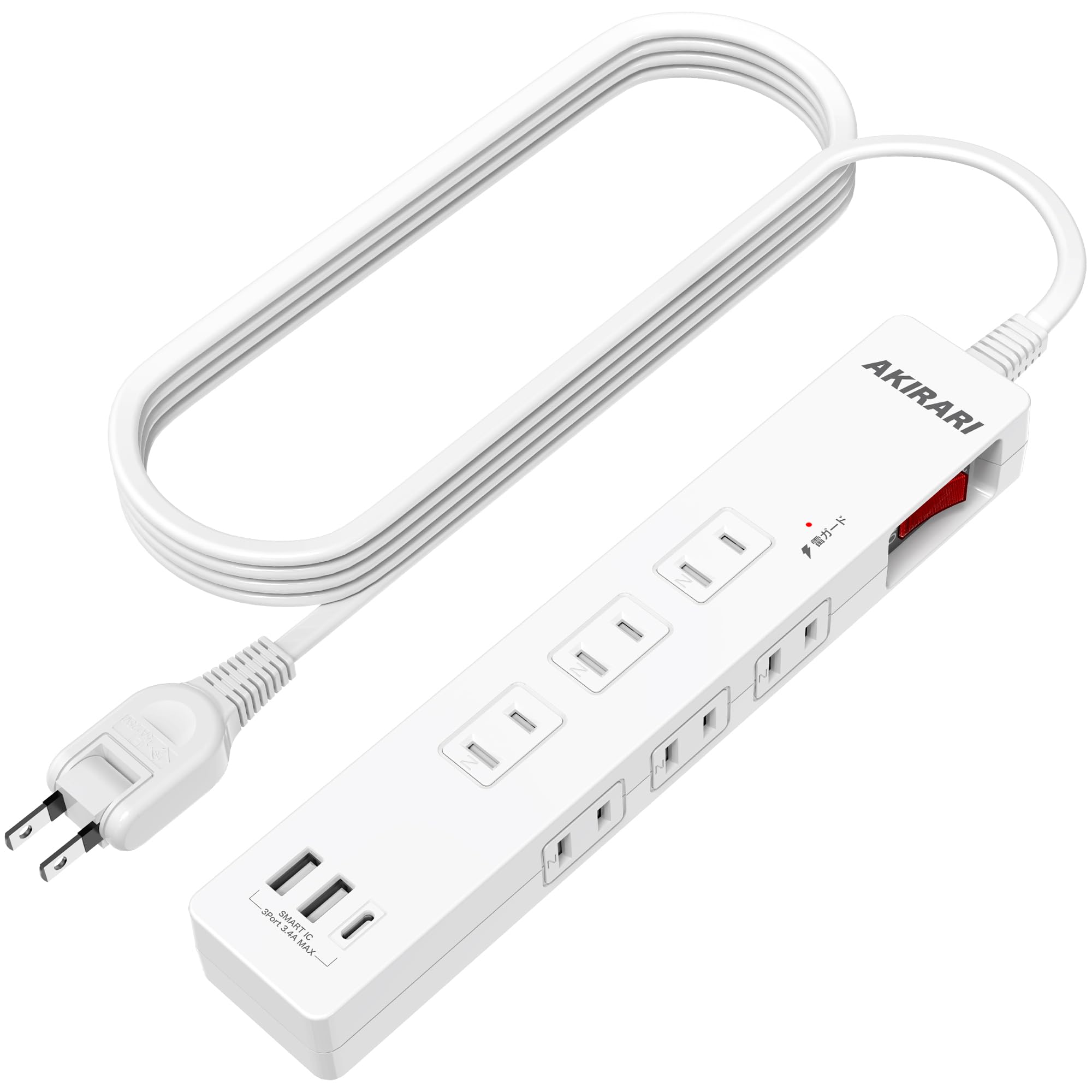 【火災予防安全】 AKIRARI 電源タップ 6個口 USB付き 雷ガード スイッチ ホコリシャッター 過電流 過電圧保護 スマートIC 6個AC 3個USBポート USB-A2 Type-C1 合計3.4A 延長コード マルチタップ 蛸足 タコ足 コンセント スイングプラグ テーブルタップ 縦置き (1m)