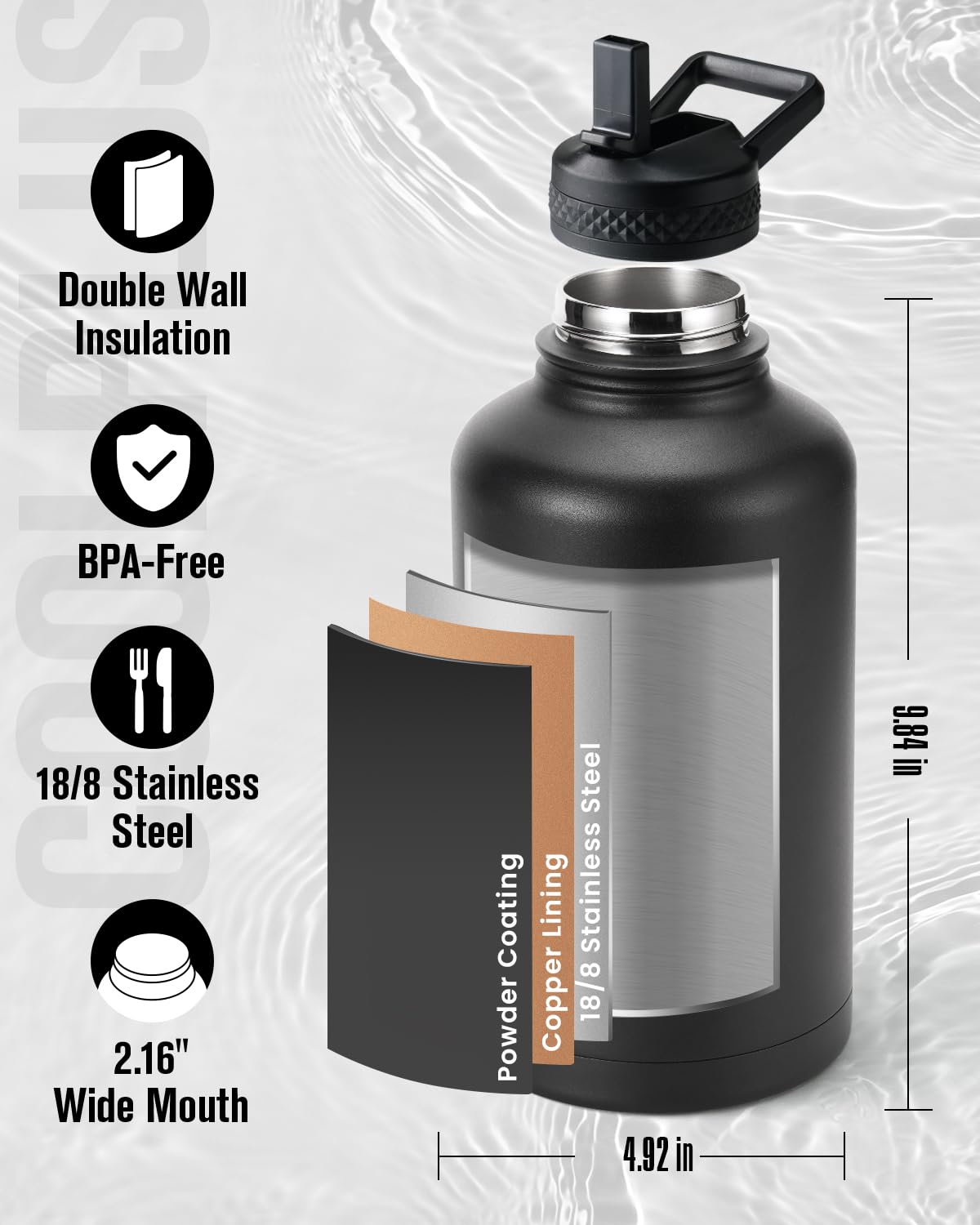 Coolplus Isolierflasche aus Edelstahl mit Strohhalm, doppelwandig, Vakuumflasche, mit Tragetasche, auslaufsicher, hält 48 Stunden kalt 24 Stunden heiß, Schwarz