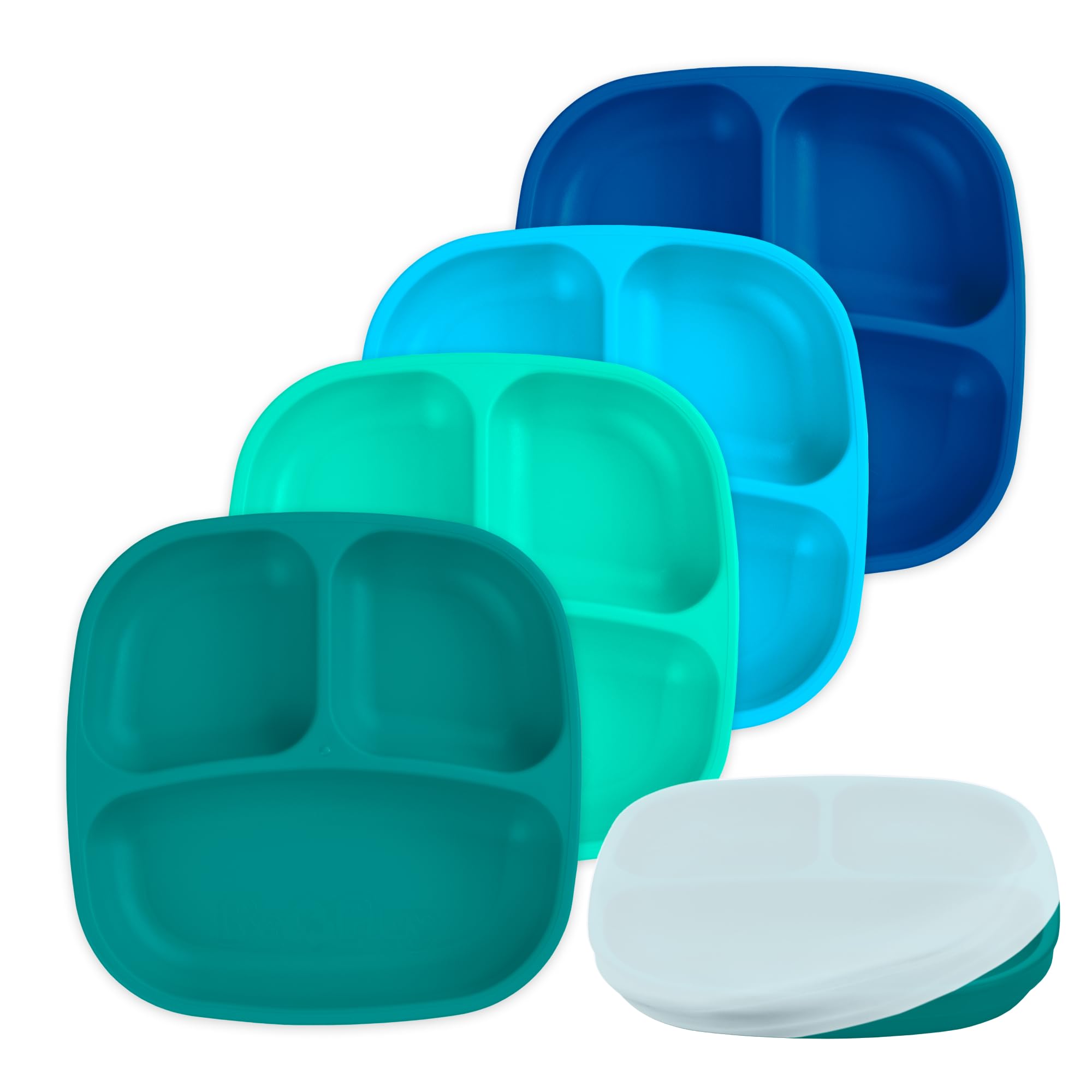 Re-Play Toddler Plates with Dividers & Silicone Lid - Deep-Walled 3 Compartments Divided Plates for Kids - Dishwasher/Microwave Safe - Made in USA - Set of 4-7.37" x 7.37" x 1.25" - A True Blue