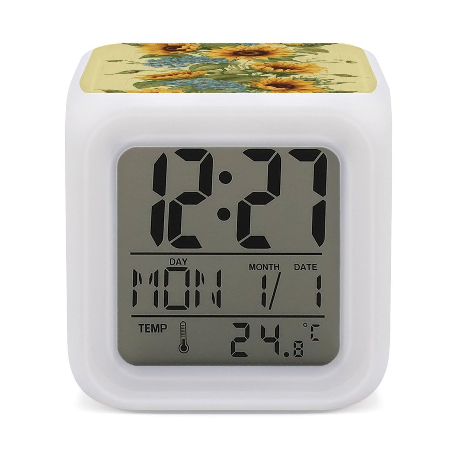 FekiLoot Sunflowers Alarm Clock with 7 Color Changing Night Light,Battery Operated Digital Clocks with Temperature Display Tiny Electric Clock LED Sleep Timer for Room Decor